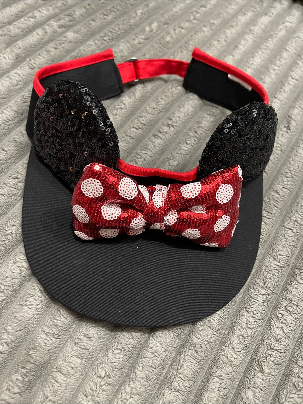 Ladies Disney Adjustable Black Visor with Red Polka Dot Bow and Sequin Ears